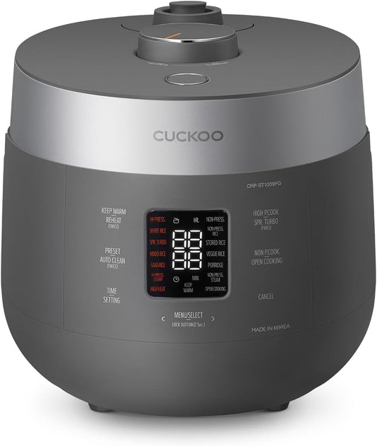 CUCKOO CRP-ST1009FG 10-Cup (Uncooked) / 20-Cup (Cooked) Twin Pressure Rice Cooker & Warmer with Nonstick Inner Pot, 16 Menu Modes, 3 Voice Guide, Auto Clean (Gray)