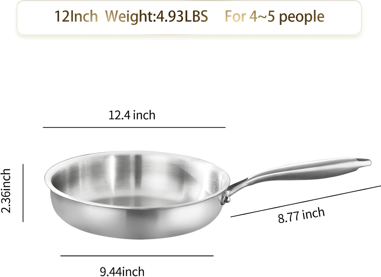 DELARLO Tri-Ply Stainless Steel Frying Pan, All Cooktops Compatible Up to 650℉, Oven Safe Induction Skillet, 12.5 inch Non toxic Cooking Surface, Fast & Even Heat, Durable Cookware