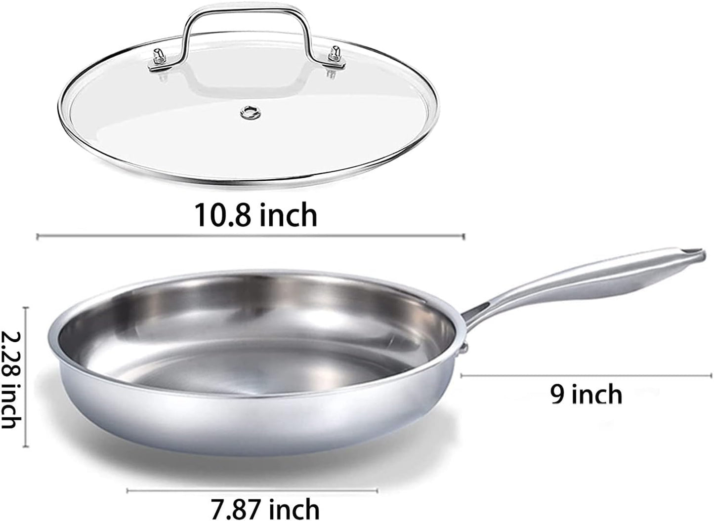 DELARLO Stainless Steel Pan丨10 Inch Skillet with Lid丨Oven Safe Up to 600℉丨Triply Stainless Steel Cookware丨Stainless Steel Pan 10 in丨Induction Compatible丨Fast Even Heat丨Large Cooking Surface