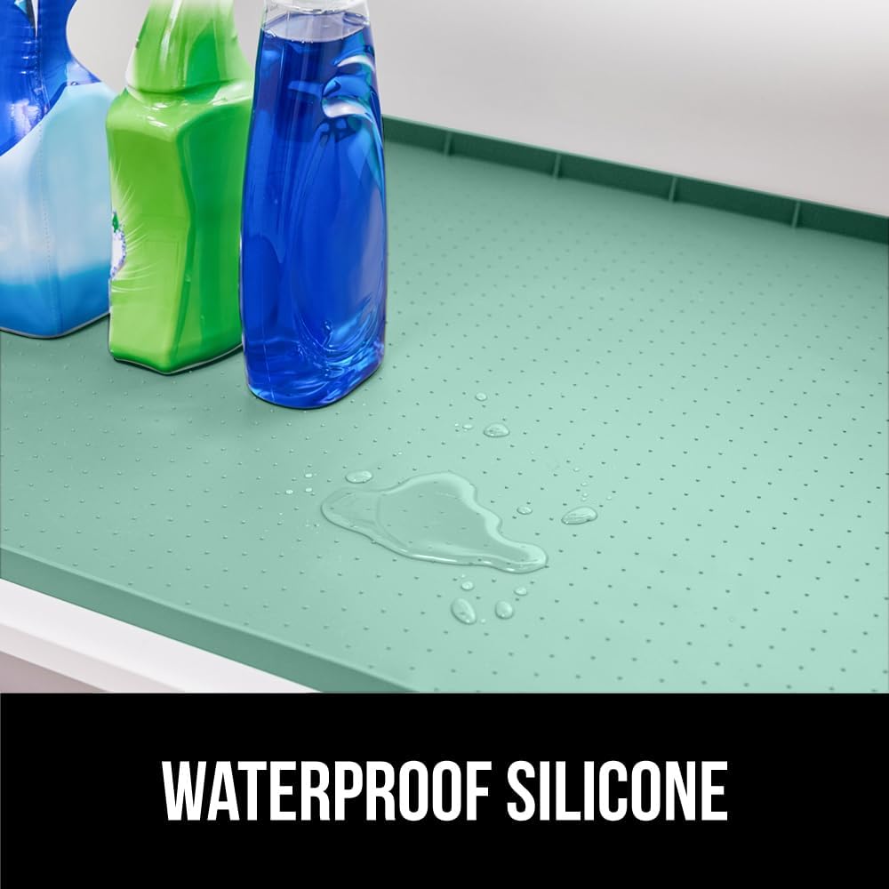 GORILLA GRIP Waterproof Silicone Under Sink Mat with Raised Lip for Kitchen and Bathroom, Cabinet Shelf Liner Stay in Place Mats Dishwasher Safe Drawer Liner, Organizer Tray, 19 x 22 in, Mint