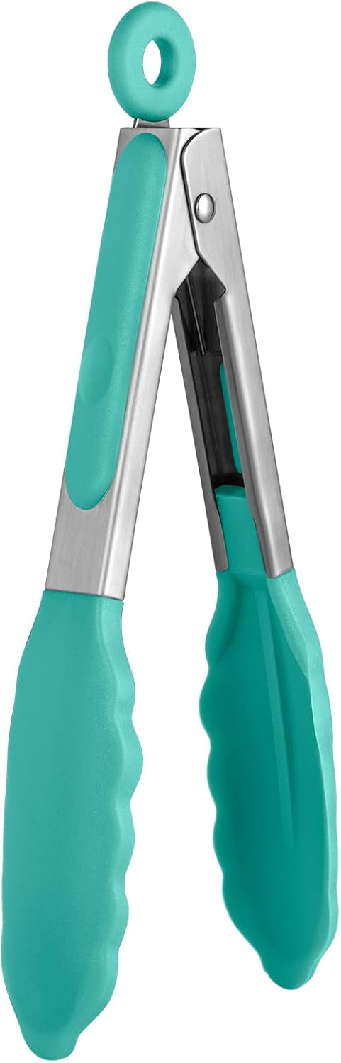 480ºF Heat Resistant Kitchen Tong: U-Taste 7in Silicone Cooking Tong with Firm Sealed Non Stick Rubber Tips & Silicon Coated 18/8 Stainless Steel Handle & Smooth Locking for Serving Salad (Aqua Sky)