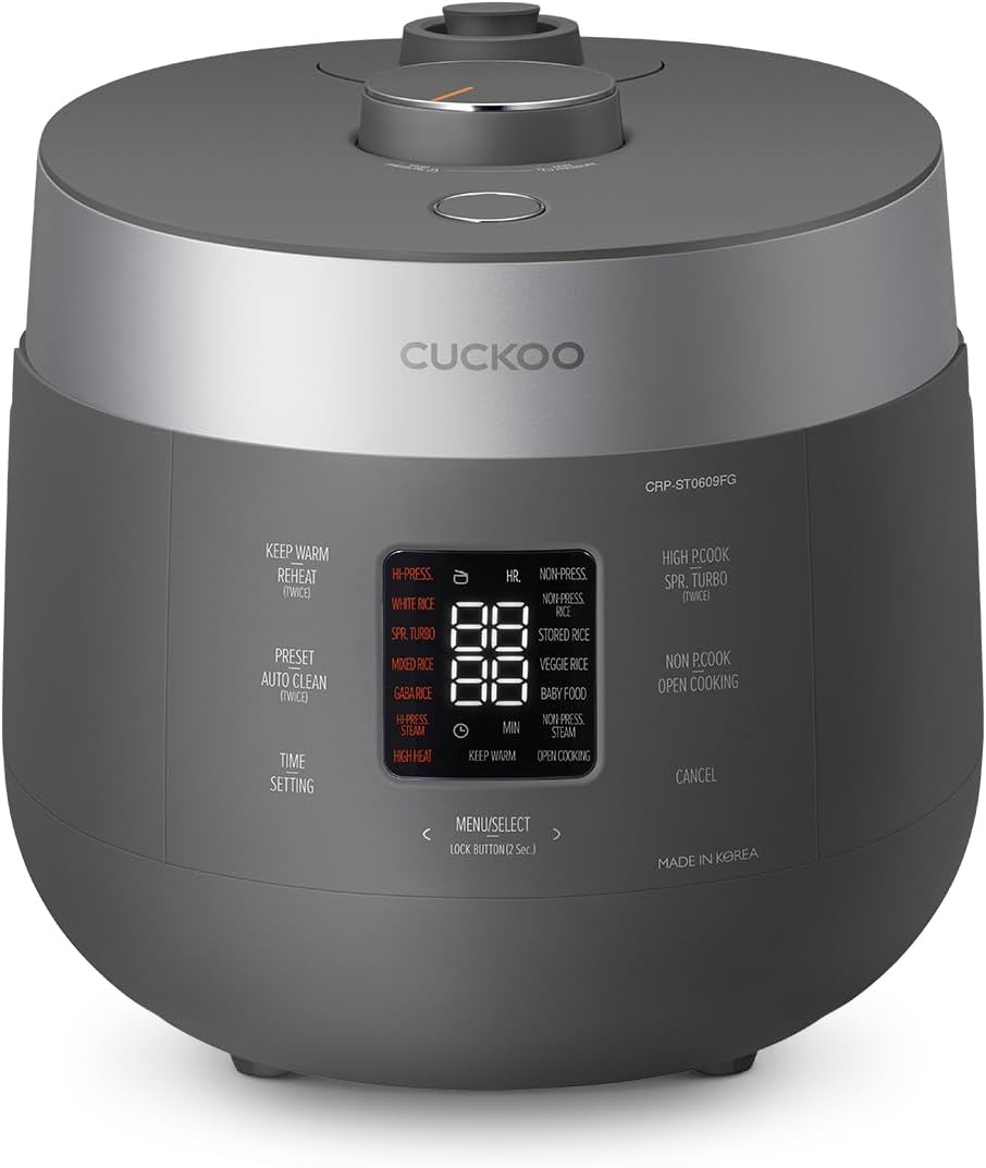 CUCKOO CRP-ST0609FG 6-Cup (Uncooked) / 12-Cup (Cooked) Twin Pressure Rice Cooker & Warmer with Nonstick Inner Pot, 16 Menu Options, 3 Voice Guide, Auto Clean (Gray)