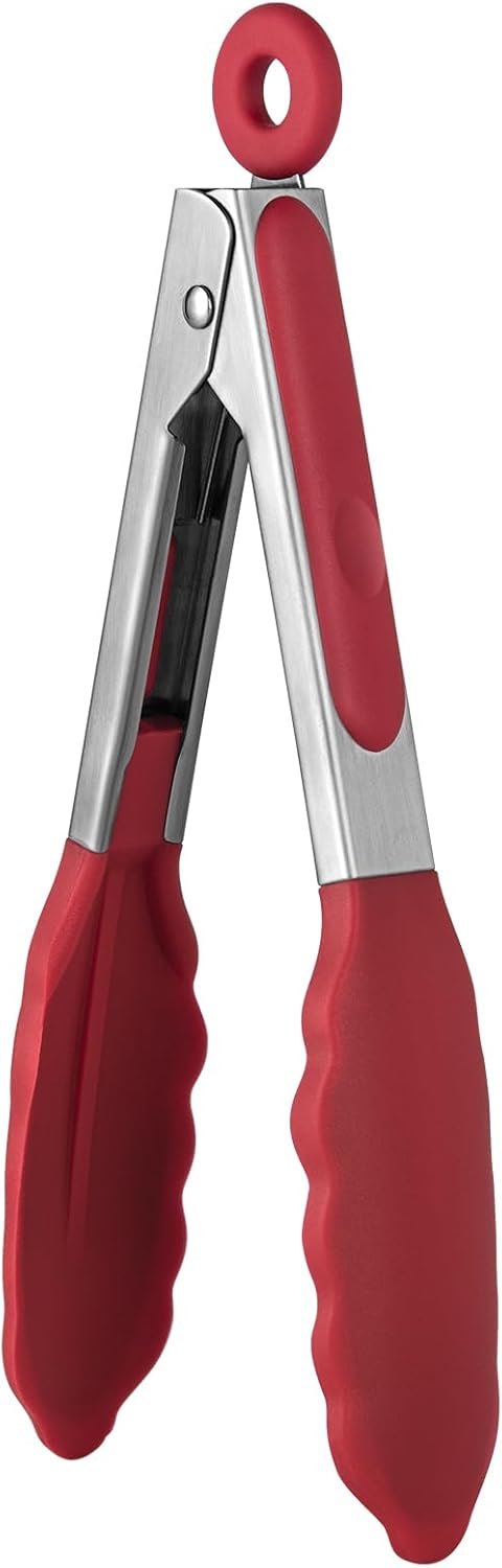 600ºF Heat Resistant Kitchen Tong: U-Taste 7 inch Silicone Cooking Tong with Firm Sealed Non Stick Rubber Tips & Silicon Coated 18/8 Stainless Steel Handle & Smooth Locking for Serving Salad (Red)