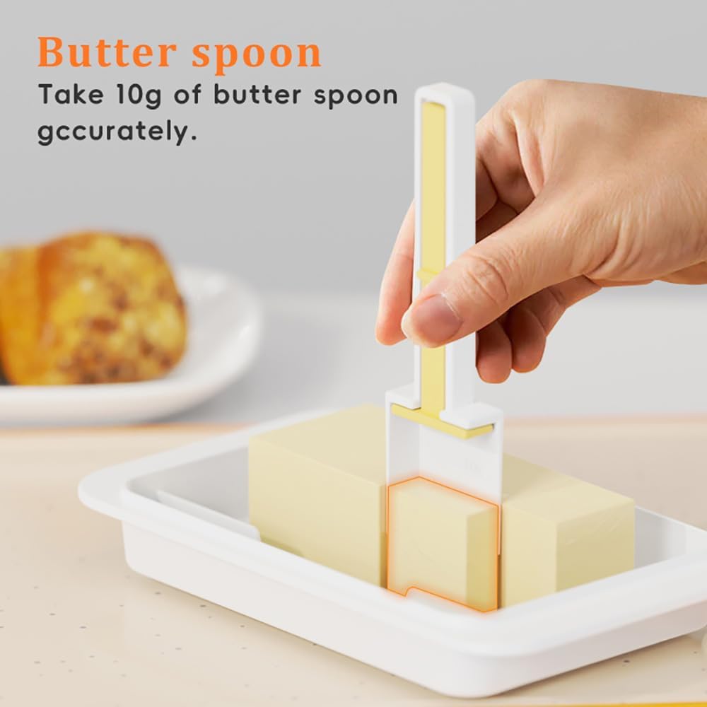 Butter Dish with Precision Spoon, Countertop and Refrigerator, Keep Butter Fresh, Easy Scoop, Plastic Butter Keeper Tray Box for East/West Coast Butter (Black, Large)