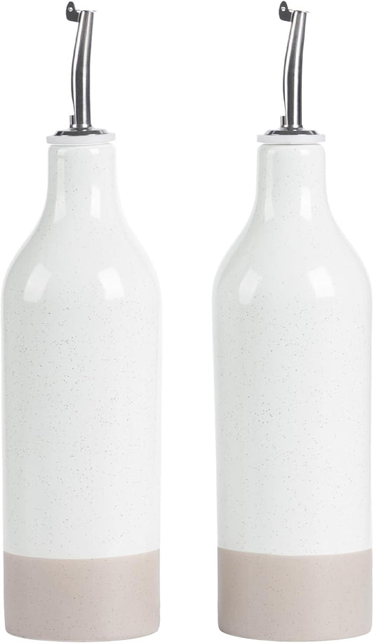 famiware Milkyway 16oz Ceramic Olive Oil Dispenser Bottle, Olive Oil and Vinegar Dispenser Bottle Set of 2 with Stainless Steel Pourers, Suitable for Storage Vinegar, Soy Sauce, Liquids, White