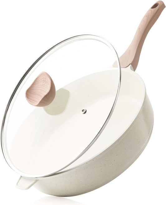Nonstick Ceramic Deep Frying Pan, 12 Inch Non Toxic Large Skillet with Lid, 5 Qt Healthy Jumbo Cooker, Saute Pan for Cooking, Induction Cookware, PFOA & PFAS Free (Cream)