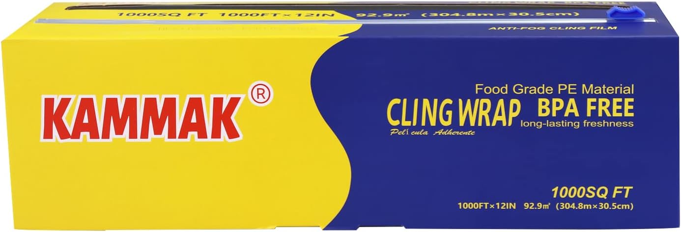 KAMMAK Plastic Wrap with Slide Cutter - 12 Inch Food Service Cling Film Roll - Clear Refillable Stretch Film - 1000 SQ FT Wrap - Bulk Quick Cut for Restaurant, Kitchen