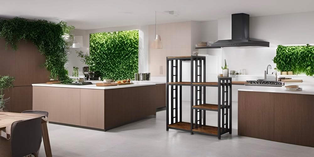 BRIGHTSHOW Kitchen Storage Shelf Bakers Rack, 6-Tier Coffee Bar Table, Kitchen Microwave & Mini Fridge Stand Shelves for Spices, Pots and Pans (52 x 40 x 17.5inch) (Brown no Wheels)