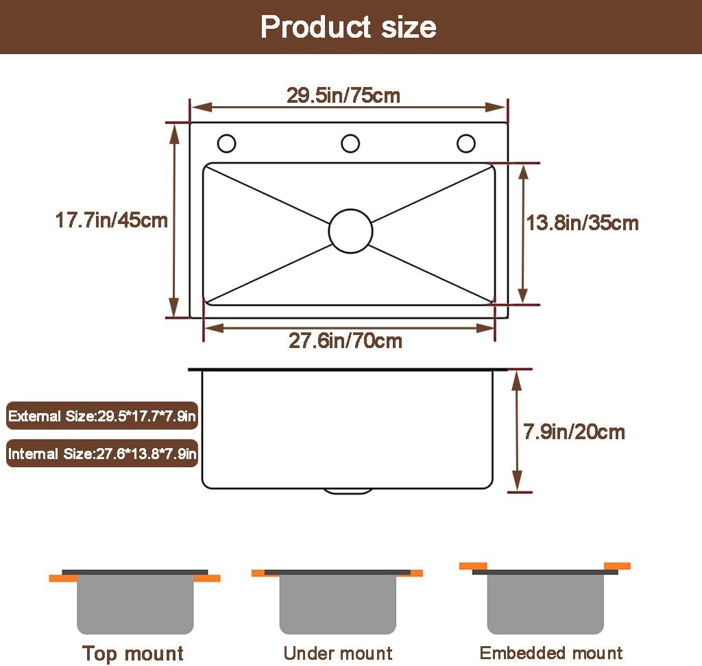Black Drop in Kitchen Sink, Stainless Steel Single Bowl Sink with 3 Holes, Topmount Workstation Sink, Farmhouse Rectangle Basin with Multiple Accessories (29.5 * 17.7 * 7.9in)