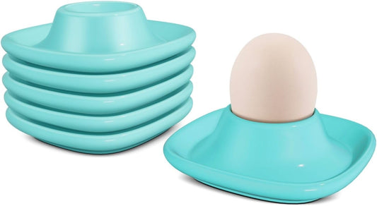 Flexzion Egg Cups for Soft Boiled Eggs - Set of 6 Ceramic Egg Holder - Stackable Egg Coddler Cups with Base for Serving, Breakfast, Brunch - Kitchen Table Decor, Blue