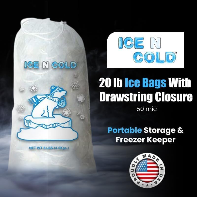 Ice Bags with Drawstring Closure | 20lb, 200ct/cs | 50 mic Thickness | Portable Storage and Freezer Keeper