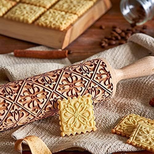 Christmas Wooden Rolling Pin for Baking Engraved Embossing Rolling Pin Cookie Stamps Roller Square Grid Cookies Mold Kitchen Decor Tools for Baking Embossed Cookies (Flower Window)