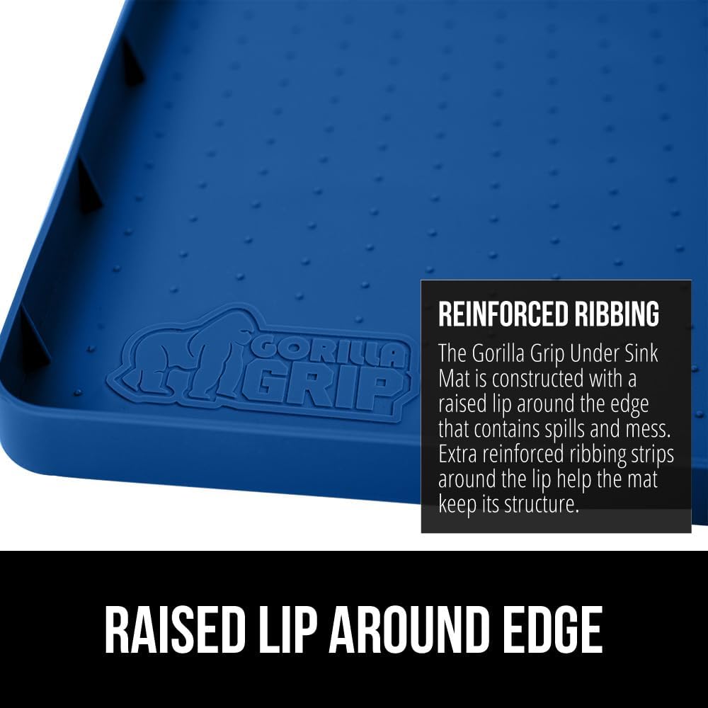 GORILLA GRIP Waterproof Silicone Under Sink Mat with Raised Lip for Kitchen and Bathroom, 46 x 22 in, Cabinet Shelf Liner Stay in Place Mats Dishwasher Safe Drawer Liner, Organizer Tray, Blue