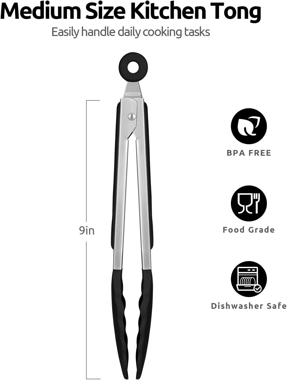 600ºF Heat Resistant Kitchen Tongs: U-Taste 9 inch Silicone Cooking Tong with Firm Sealed Non Stick Rubber Tips & Silicon Coated 18/8 Stainless Steel Handle & Smooth Locking for Serving Salad (Black)