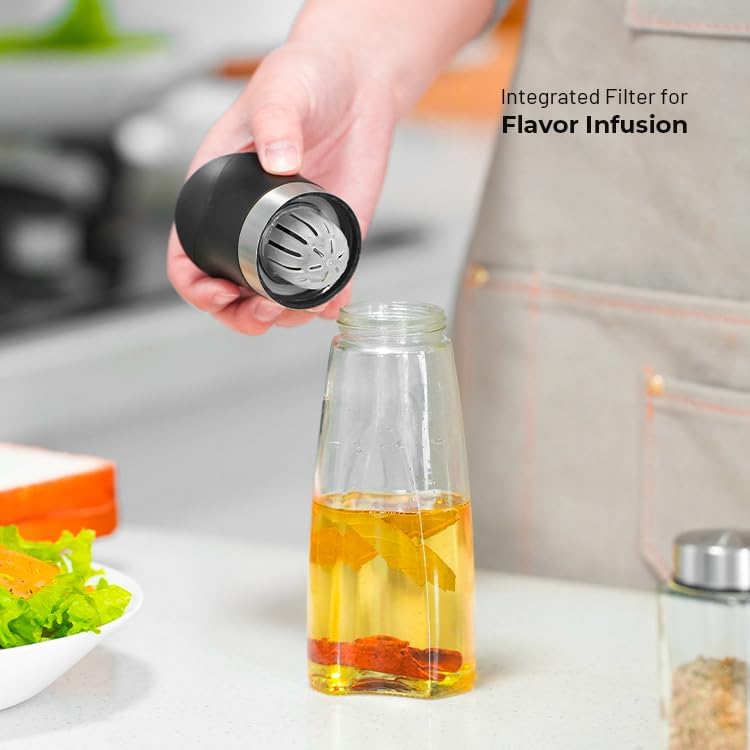 Premium Glass Olive Oil and Vinegar Dispenser Bottles Set, 2-Piece Kitchen Cooking Cruet with Auto-Open Lid, Non-Drip Pouring Spout, Oil Infuser Filter, Dishwasher Safe (White 16oz)