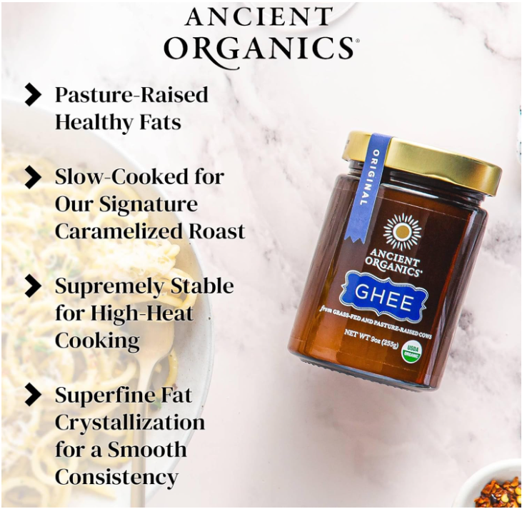 Ancient Organics Organic Grass-Fed Ghee – Clarified Butter, Gluten-Free, Lactose-Reduced (9 oz, 2 Pack)