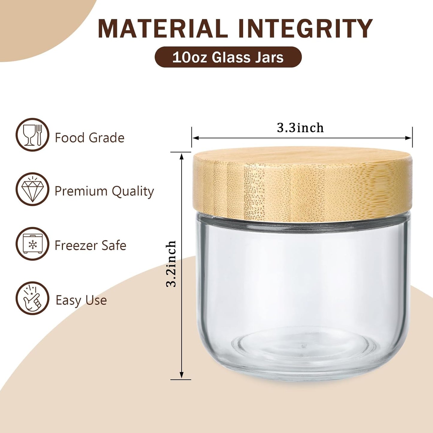 OcePor 4 Pack 10oz Glass Jars with Bamboo Lids, Over Night Oats Container with Airtight Lid, Glass Snack Storage Salad Jars For Food, Yogurt, Sugar and Flour,Coffee Bean, Cookie, Cereal