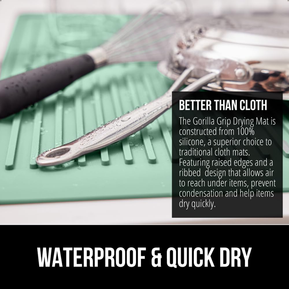 GORILLA GRIP 100% BPA-Free Patented Silicone Dish Drying Mat for Kitchen Counter, Water Catching Ribbed Design, Easy Clean Waterproof Sink Liner, Heat Resistant, Fits Under Rack, 16x12 Inch, Mint