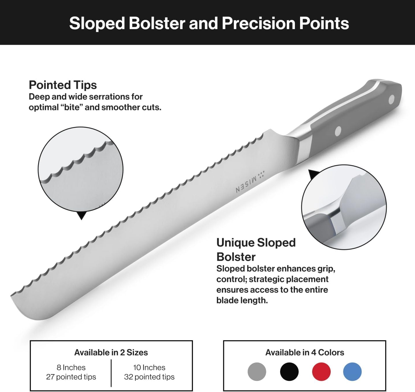 Misen Serrated Bread Knife – High-Carbon Japanese AUS8 Steel – Effortless Slicing of Bread, Pastries, and Fruits – Razor-Sharp Edge and Durable Blade with Ergonomic Handle - 10", Gray