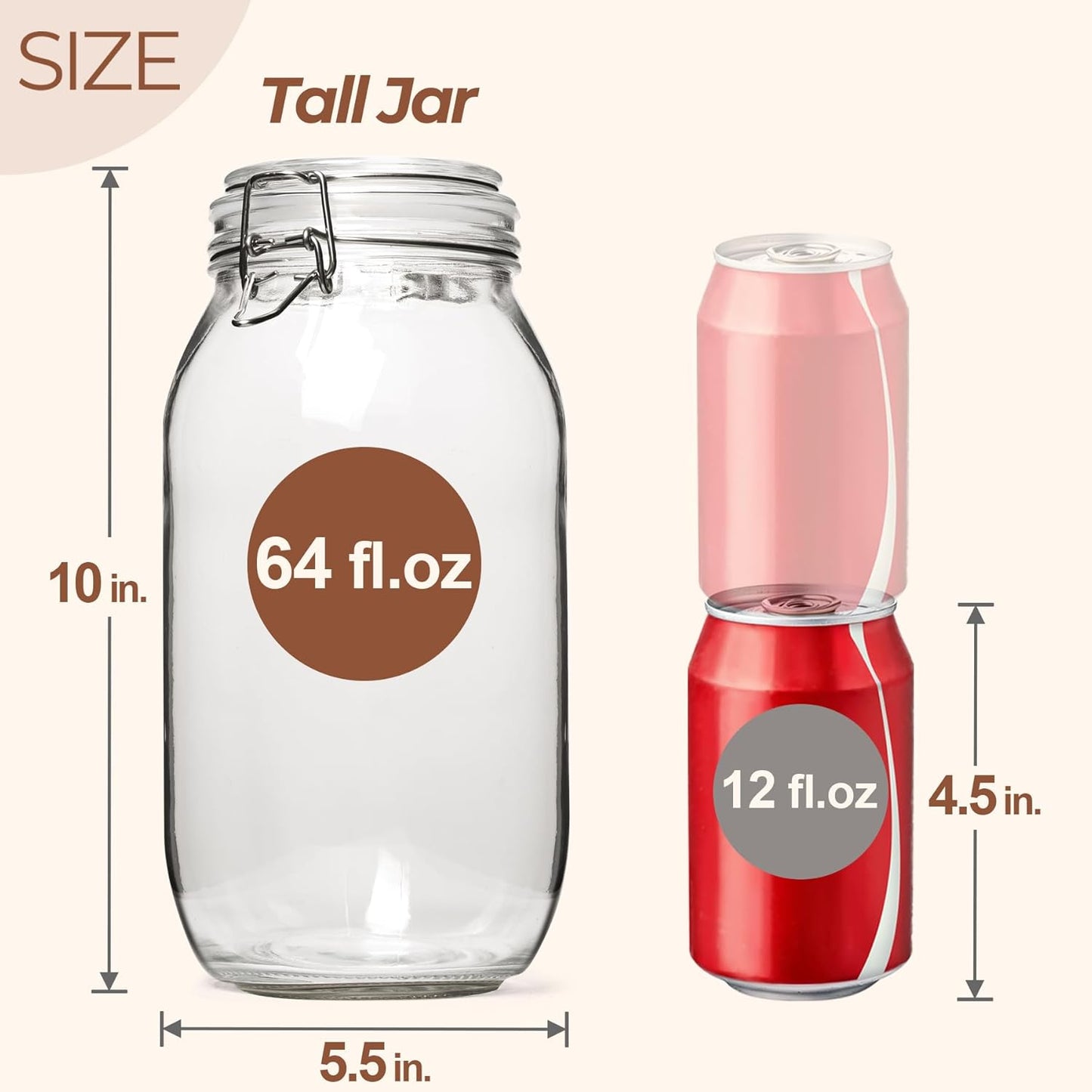 ComSaf Large Glass Jars with Lid 64 oz, Large Mason Jars Set of 3, Glass Canisters with Airtight Lids, Half Gallon Canning Jar with Seal Wire Clip Fastening for Kitchen, Pickle, Flour, Sugar, Cereal