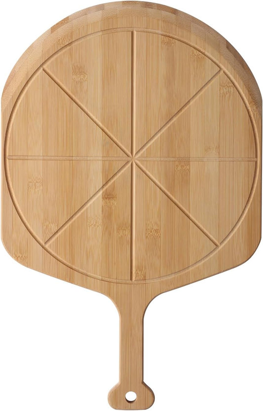 16' Bamboo Pizza Peel - Lightweight Smooth Wooden Paddle and Pizza Cutting Board with 8 Slice Grooves, Outdoor Oven Accessories, 23.6 x 16 Inch