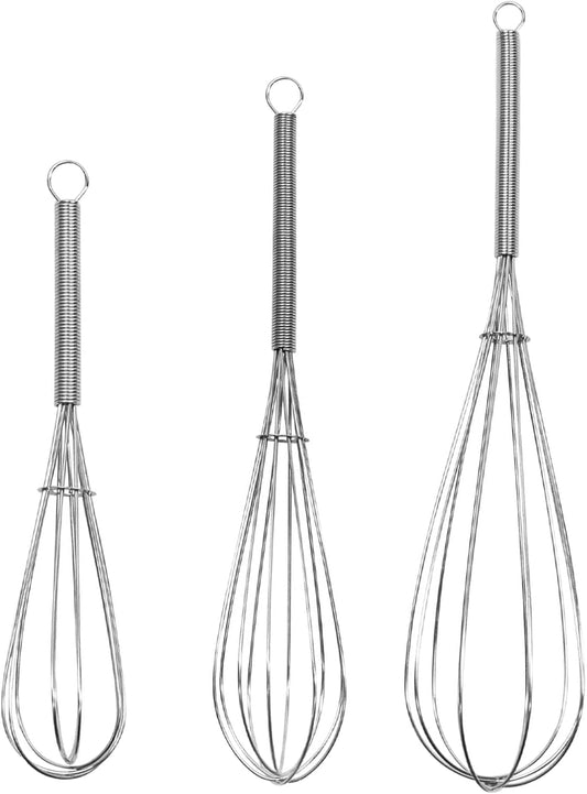 Mini Whisk 3-Pack - 8, 10 & 12 Inch Heavy-Duty 304 Stainless Steel Wire Whisks for Cooking, Baking, Eggs, Sauces & Creams (Ergonomic Spiral Handle, Silver, Dishwasher Safe)