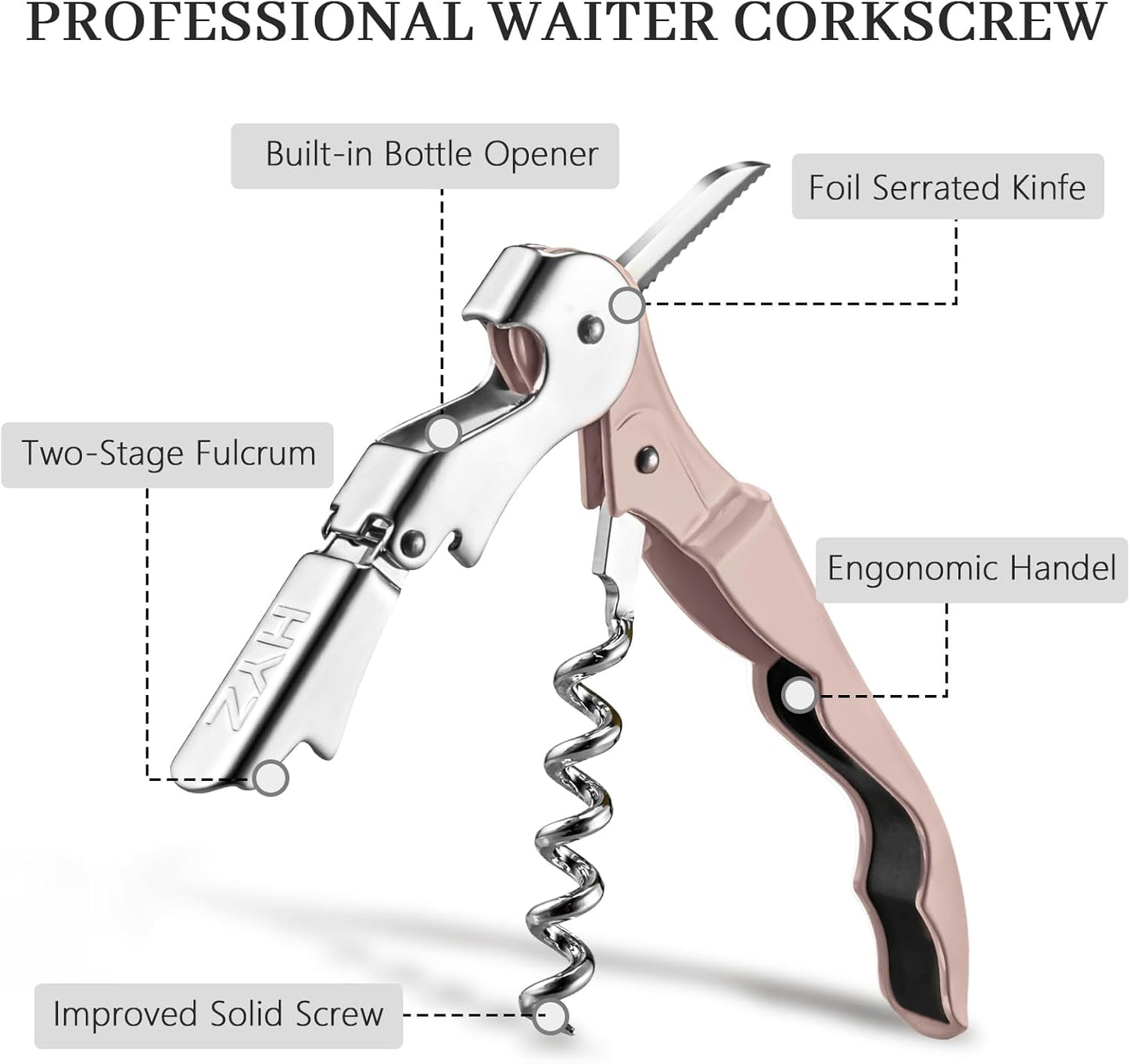 HYZ 2-Pack Wine Opener Waiter Corkscrew, Professional Wine Key for Servers, Bartender with Foil Cutter, Manual Wine Bottle Opener Double Hinged (Dark Pink)