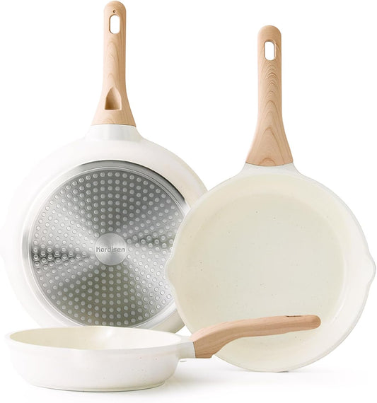 Nonstick Ceramic Frying Pan Set, 3 Piece Ceramic Skillet Set, Healthy Non Toxic Cooking Pan, Stay-Cool Handle, Induction Compatible, PFOA & PFAS Free, White(9.5, 11, 12.5 Inch)