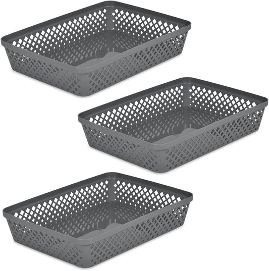 Glad Plastic Storage Basket Set - Multipurpose Drawer Trays, Kitchen Pantry Containers, and Bathroom Bins - 3 Pack Large Organizers, Grey