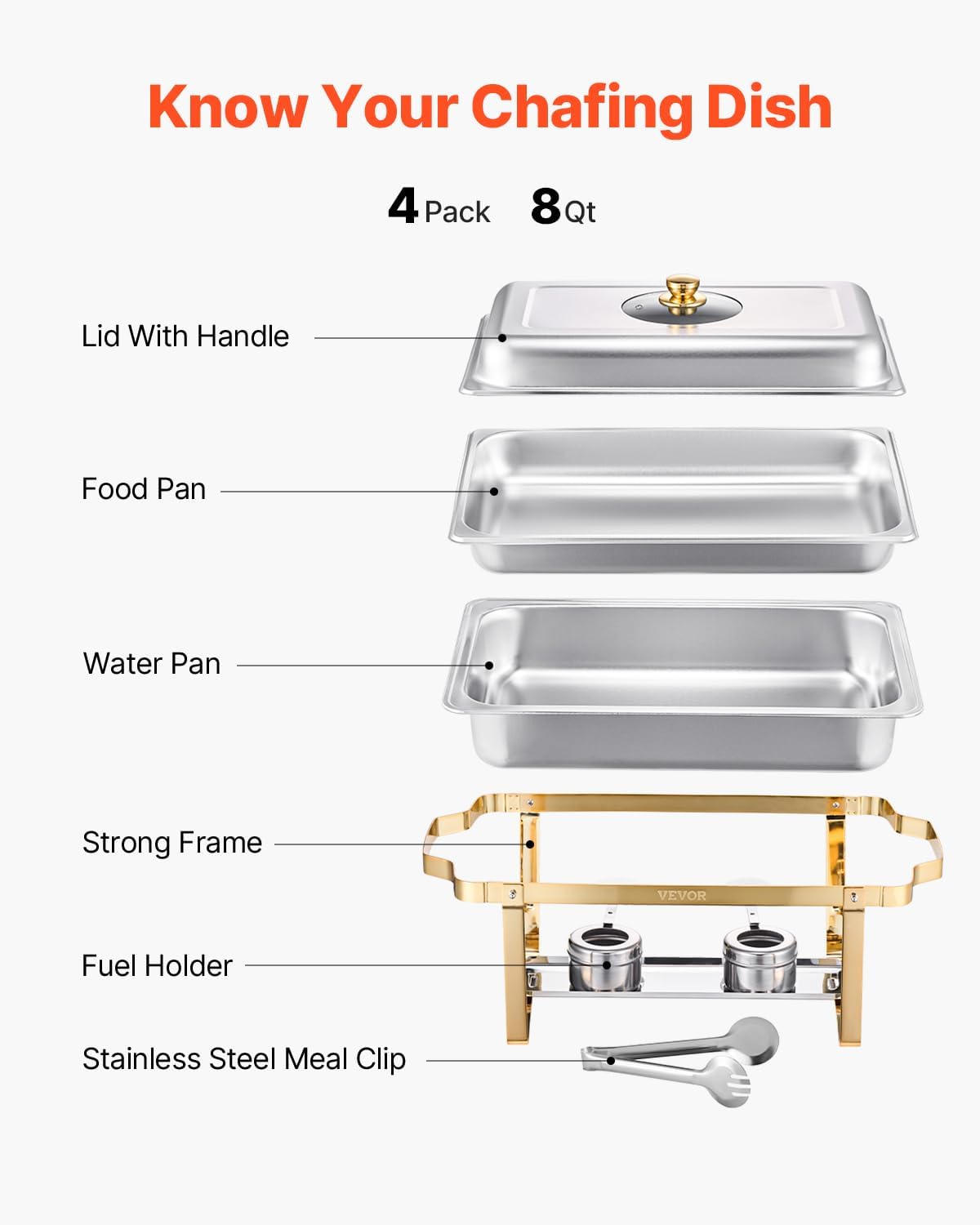 VEVOR Chafing Dish Buffet Set, 8 Qt 4 Pack, Stainless Steel Chafer with 4 Full Size Pans, Rectangle Catering Warmer Server with Glass Lid Water Pan Folding Stand Fuel Holder, for Wedding Party Banquet
