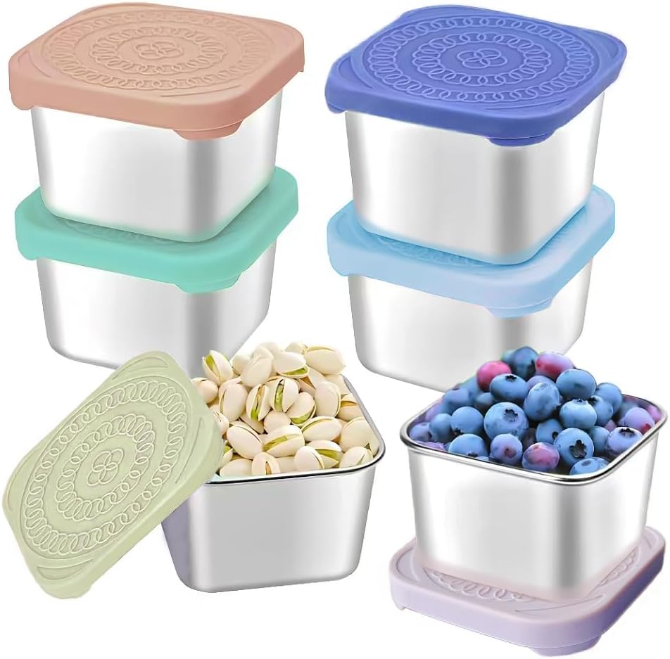 6Pack 6oz Stainless Steel Snack Containers for Kids, Easy Open Leak Proof Metal Toddler Snack Containers with Silicone Lids, Stackable Metal Toddler Lunch Box for School-U.S.Design Patent