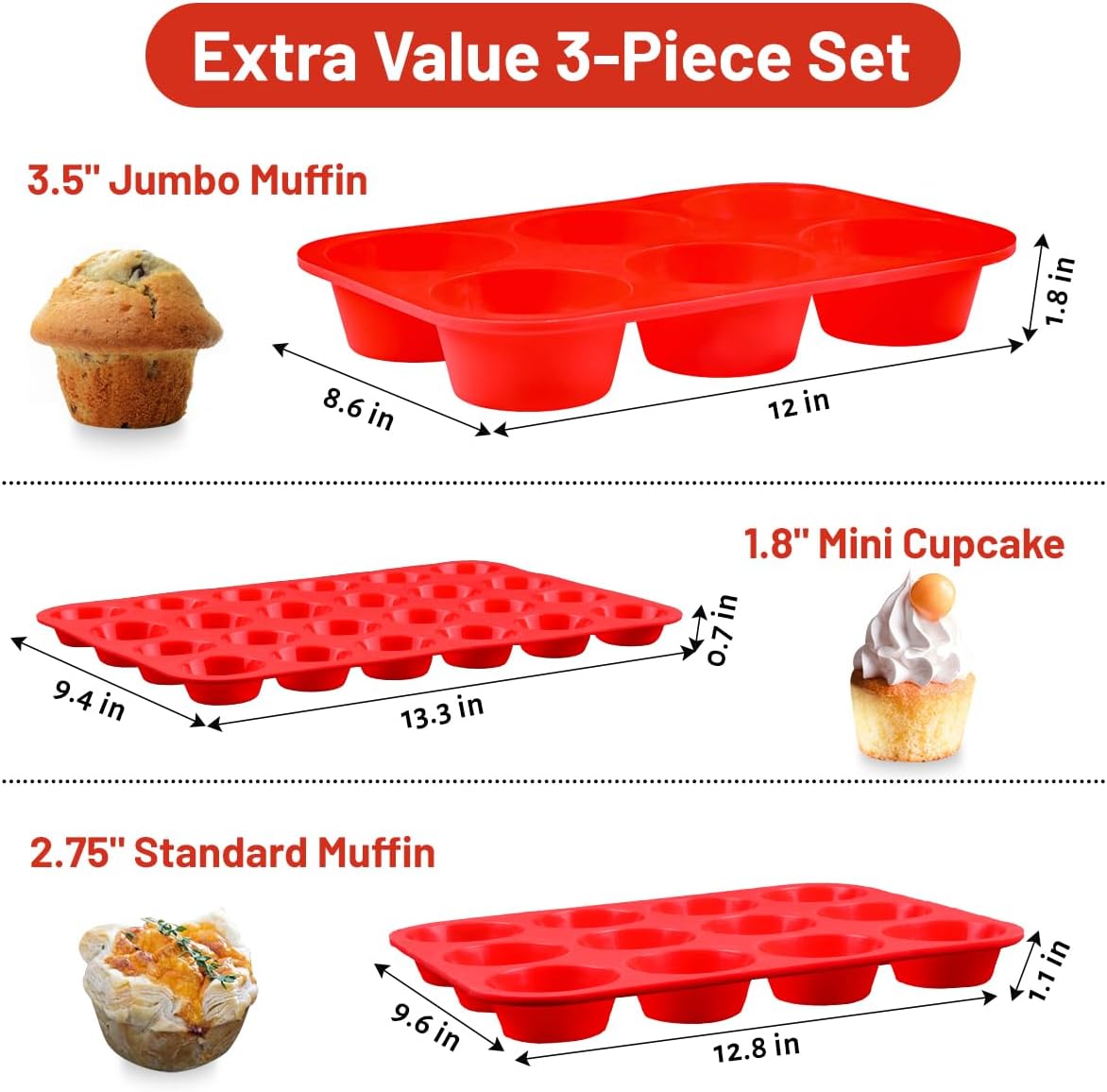 CAKETIME Silicone Muffin Pan Set - Mini 24 Cups, Regular 12 Cups Cupcake Pan, Jumbo 6 Cups Muffin Pan Silicone Bakeware for Baking Set of 3