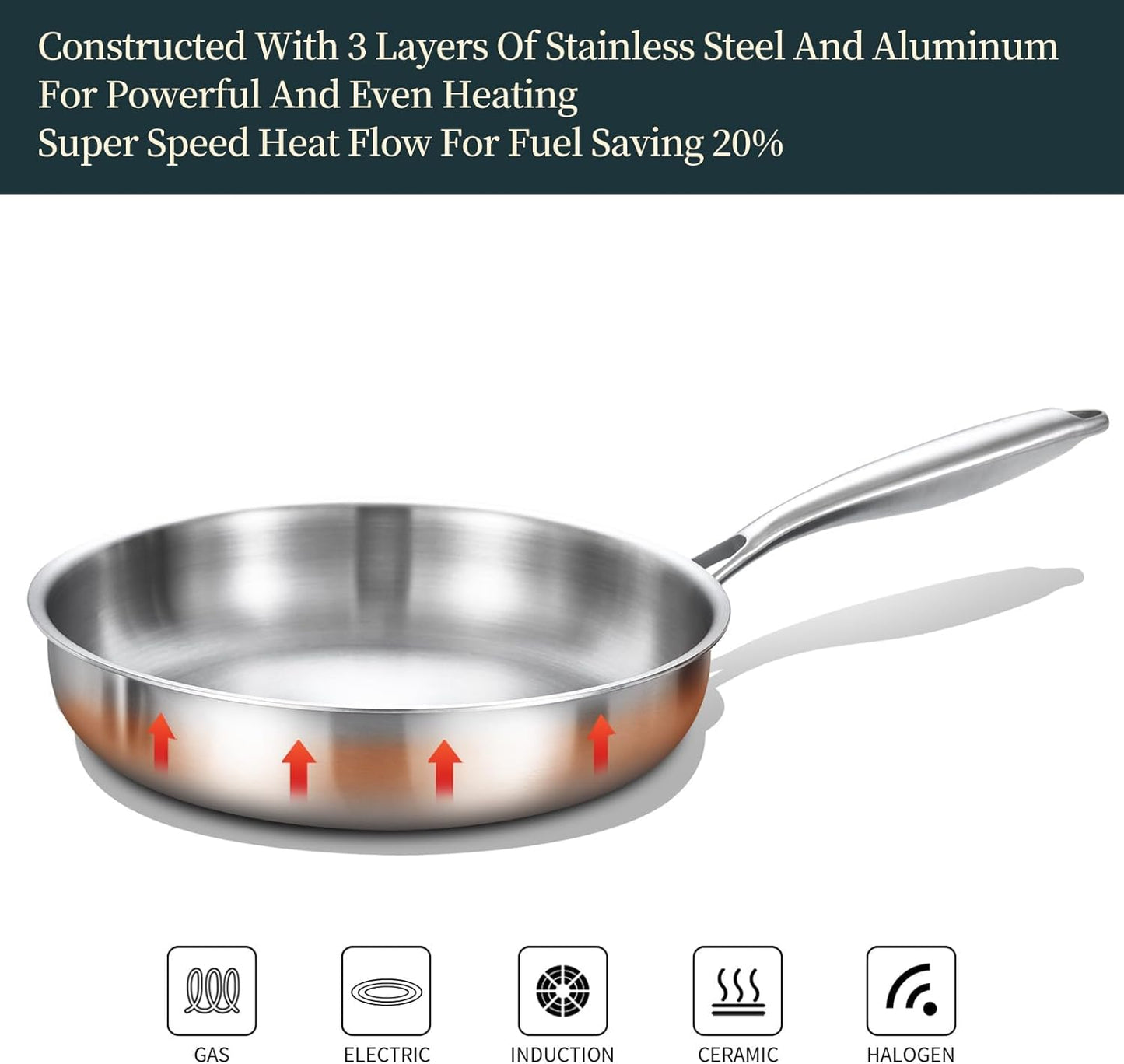 DELARLO Tri-Ply Stainless Steel 9.3 Inch Frying Pan with Lid, 18/10 Stainless Steel Skillet, Heavy Duty, Compatible for Induction, Ceramic, Electric, Gas Cooktops Up to 600℉, Fast & Even Heat
