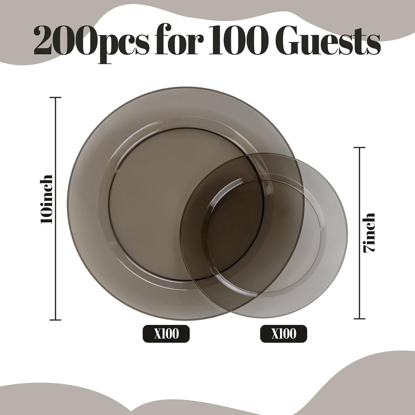 I00000 200 Pcs Clear Black Plastic Plates, Black Disposable Party Plates Include 100 Dinner Plate 10’’ and 100 Dessert Plate 7’’ Perfect for Birthday, Party & Wedding