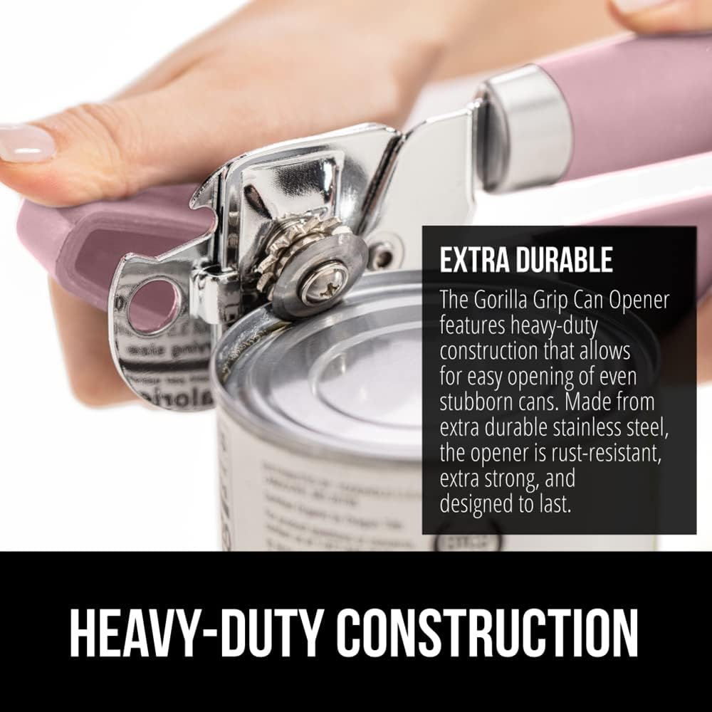GORILLA GRIP Heavy Duty Stainless Steel Smooth Edge Manual Can Opener and Bottle Openers, Soft Comfortable Handle, Oversized Handheld Turn Knob, US Designed Multifunctional Kitchen Tool, Pink