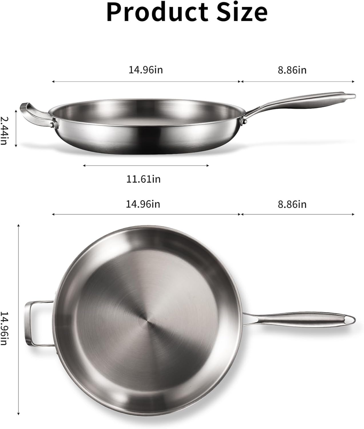 DELARLO Stainless Steel Pan, 14.2 Inch Frying Pan, Tri-Ply Skillet with Lid, Oven Safe Up to 600℉,Stainless Steel Cookware, Fast Even Heat, Large Cooking Surface,Non Toxic Skillet