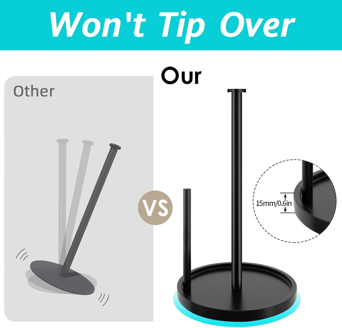 Paper Towel Holder Countertop, Standing Paper Roll Holder with Anti Slip Weighted Base, Stainless Steel Freestanding Paper Towel Holder for Kitchen, Black