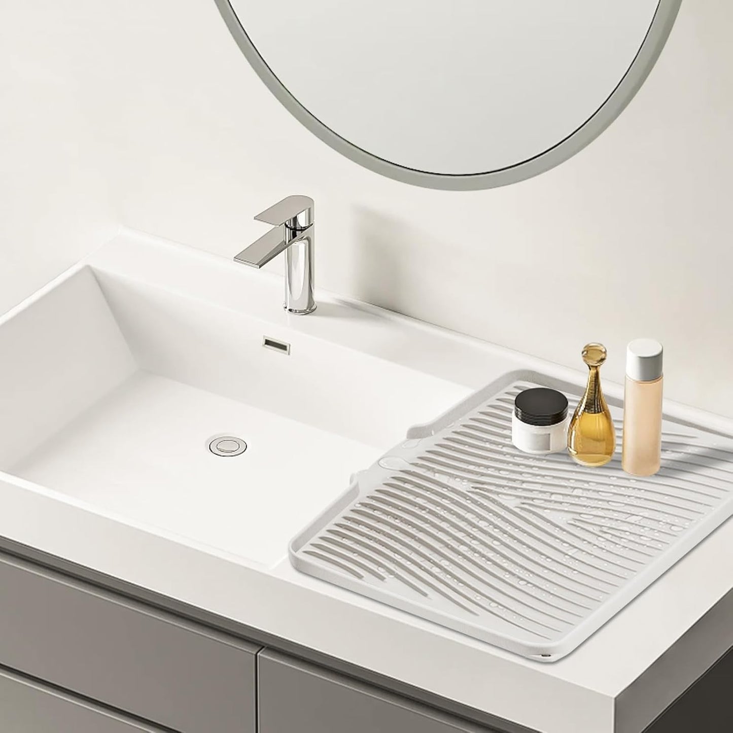 Dish Drying Mat, Stone Drying Mat for Kitchen Counter with Built-in Drain, Non-Slip Drying Matt Kitchen Counter, Heat Resistant Silicone Drying Mat, Dish Drying Pad, 2 Pcs (Cream 19.7" x 17")