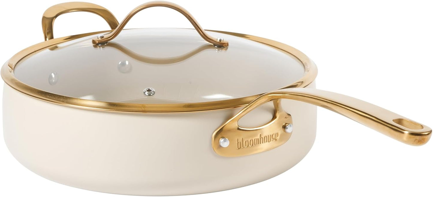 bloomhouse 6 QT Heavy Duty Aluminum Premium PFA Free Ceramic Nonstick Saute/Deep Frying Pan Skillet with Lid - Almond Cream w/Gold Handle