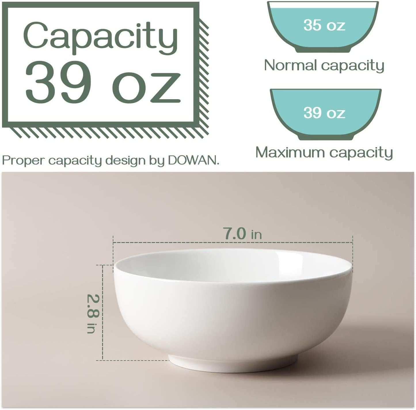 DOWAN Soup Bowls, Ramen Bowl for Noodle, 39 Ounce large Cereal Bowls for Kitchen, 7 Inches Centerpiece Bowls, Microwave and Dishwasher Safe, White