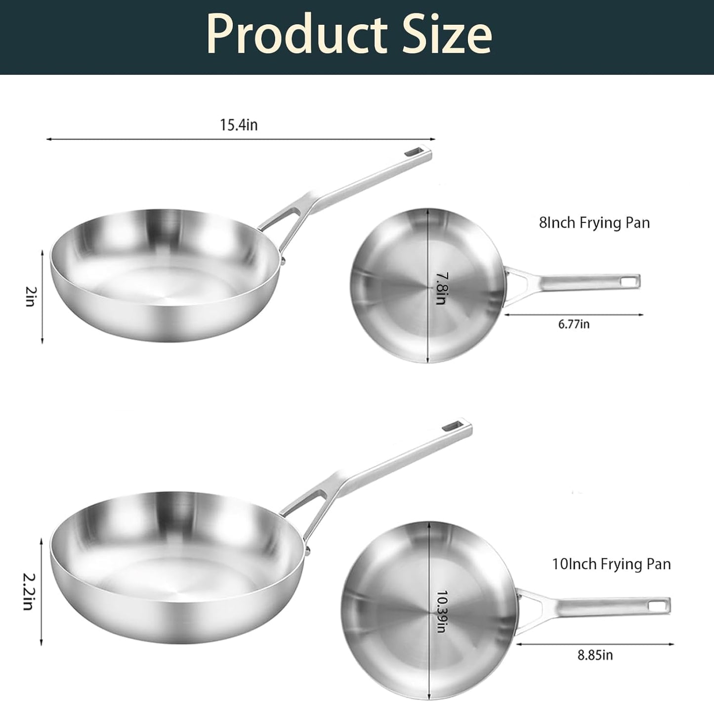 Tri-Ply Stainless Steel Frying Pan Set, 8 Inch and 10Inch, Skillet set, Durable, Cooking Pan 8" 10", Induction Ready Egg Pan, Compatible with All Cooktops Up to 600℉