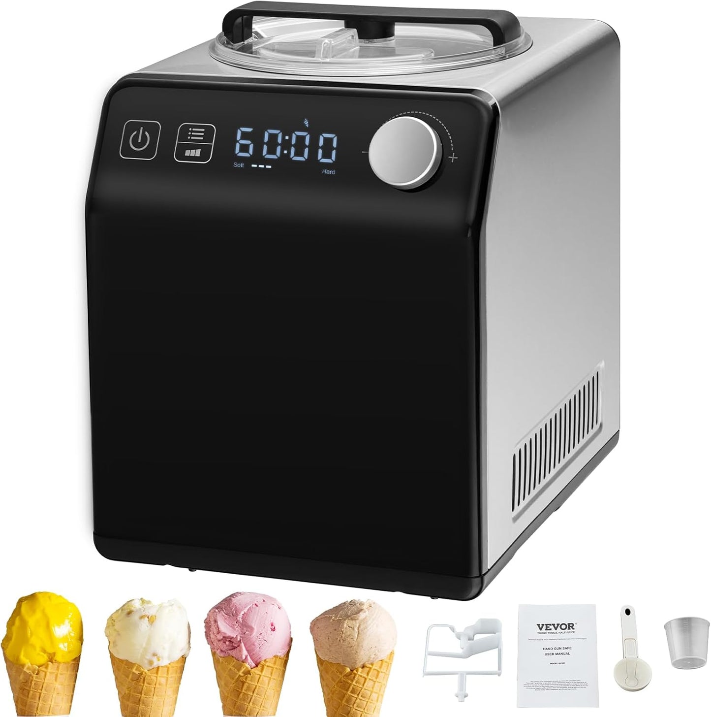 VEVOR Upright Automatic Ice Cream Maker with Built-in Compressor, 2 Quart No Pre-freezing Fruit Yogurt Machine, Stainless Steel Electric Sorbet Maker, 4 Modes Gelato Maker with Digital Display & Timer