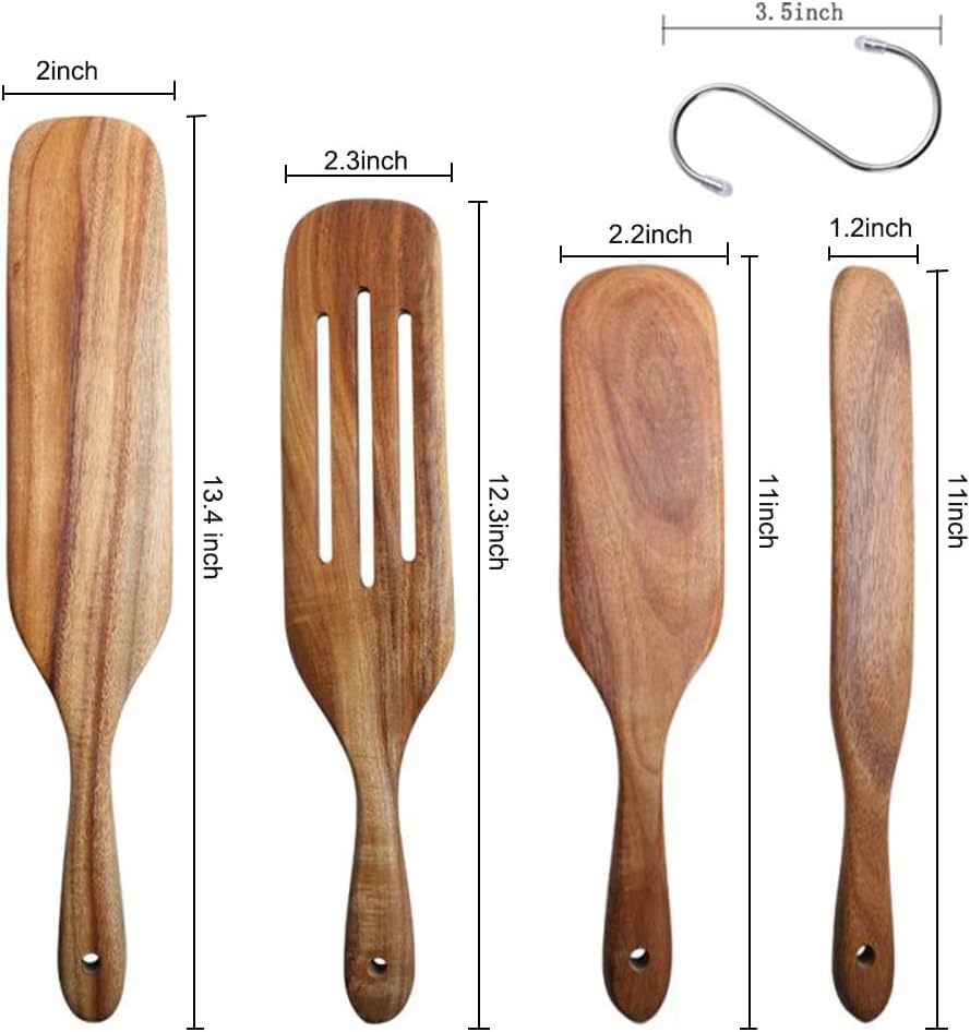 Spurtle Set, Natural Acacia Wooden Kitchen Utensils Set of 4, Wooden Spoons Utensils for Cooking, stirring, Mixing, Serving, spurtles kitchen tools as seen on tv for NonSick Cookware