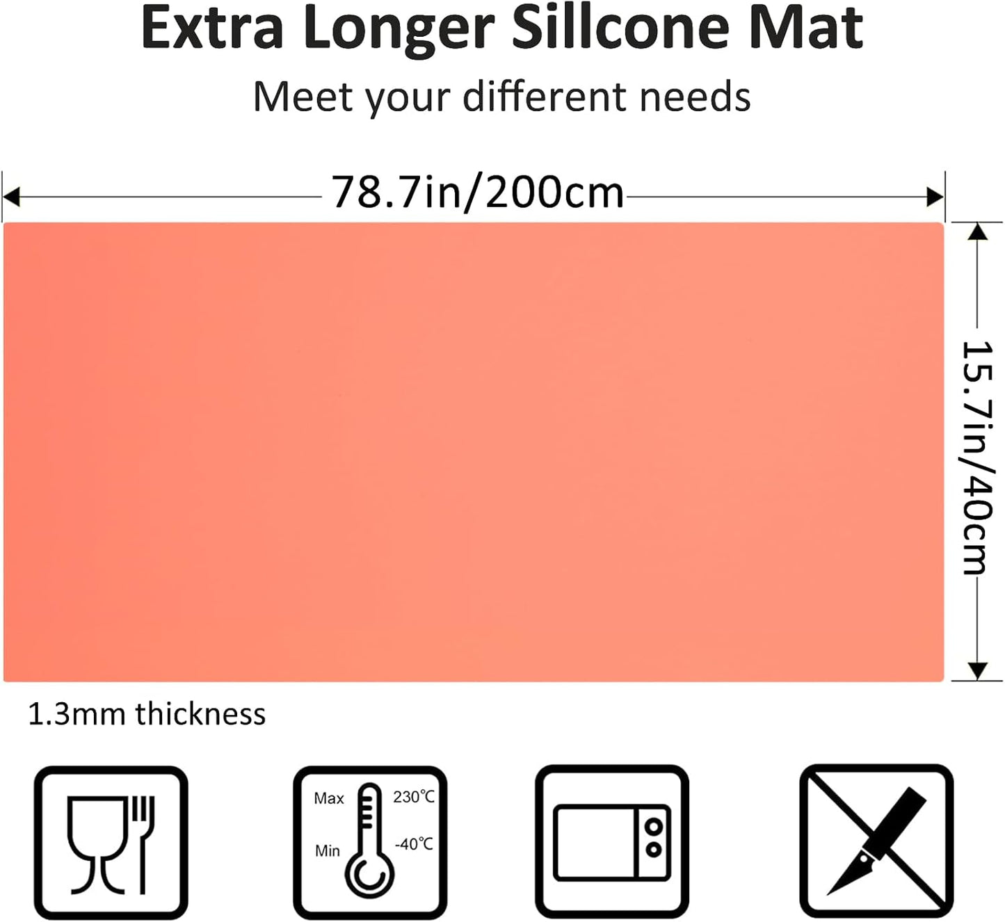 Silicone Mats for Kitchen Counter, Nonslip Silicone Mats for Crafts Countertop Protector Heat Resistant Mat (Coral, 78.7"L x 15.7"W)
