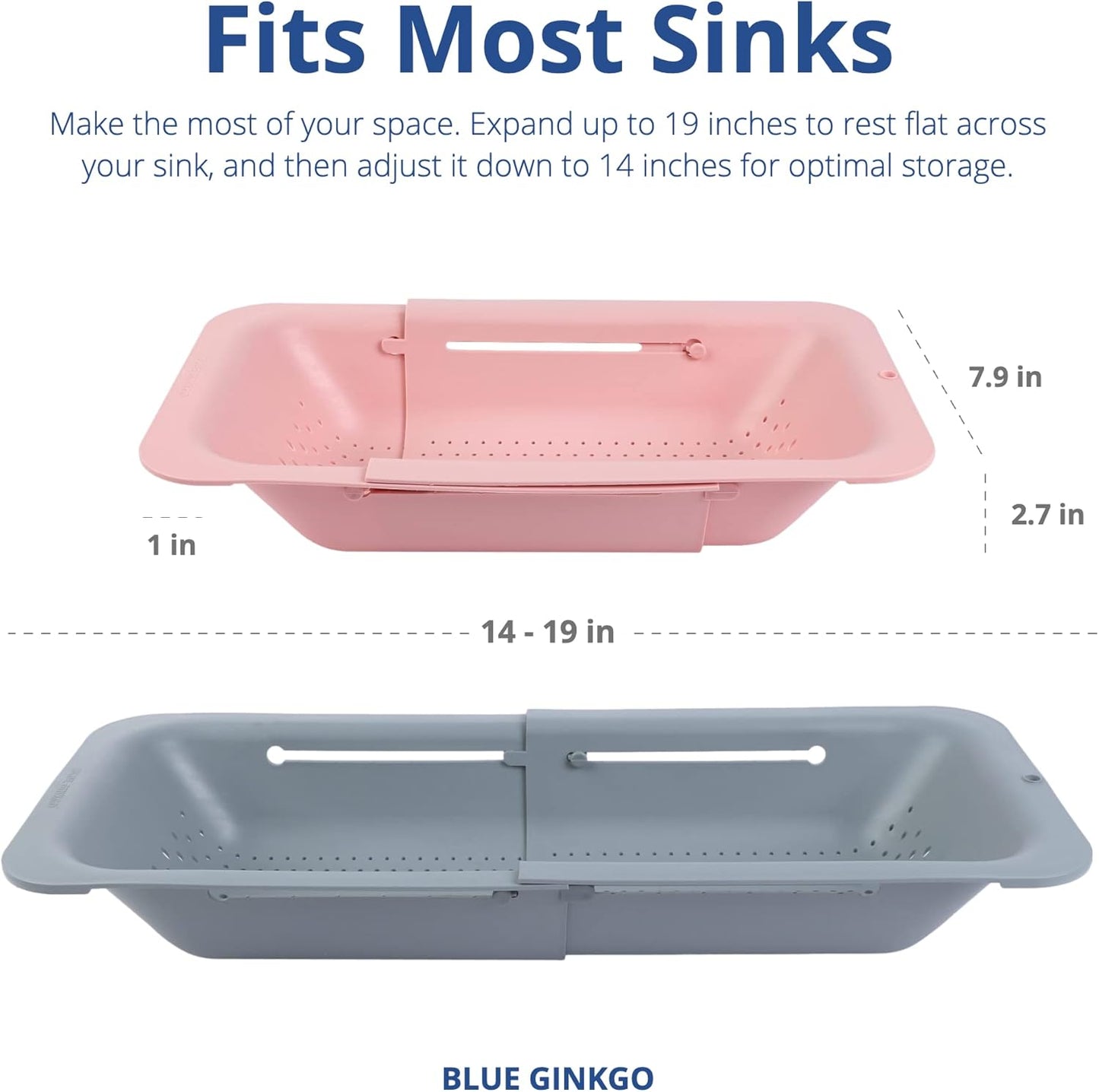 BLUE GINKGO Sink Colander Baskets - (Pack of 2) Wash Vegetables and Fruits, Drain Cooked Pasta and Dry Dishes - Extendable - New Home Kitchen Essentials (Grey & Pink)