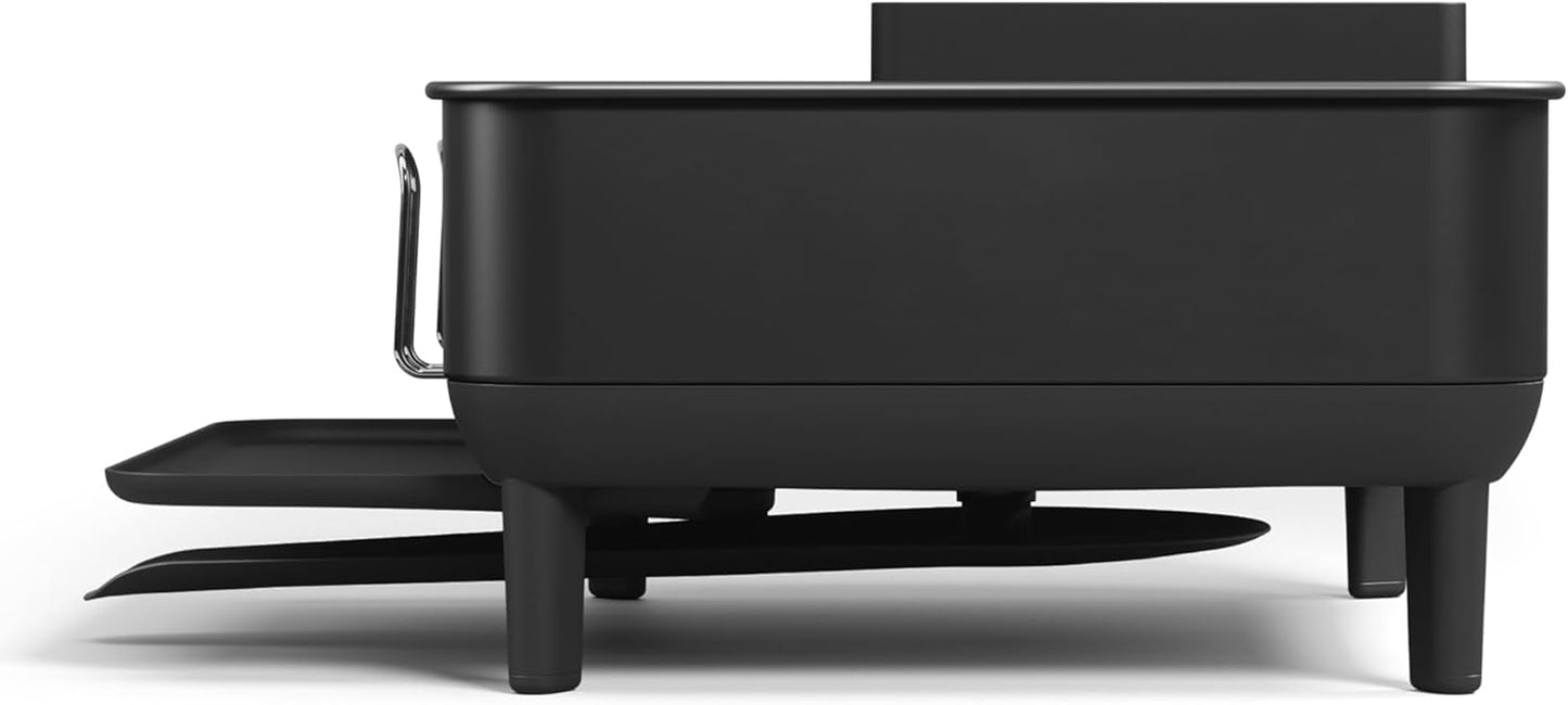 simplehuman Compact Dish Drying Rack with Stainless Steel Frame, 360º Easy Drain Swivel Spout, Utensil Holder, Anti-Residue Coating, Moisture Control Surface, Matte Black