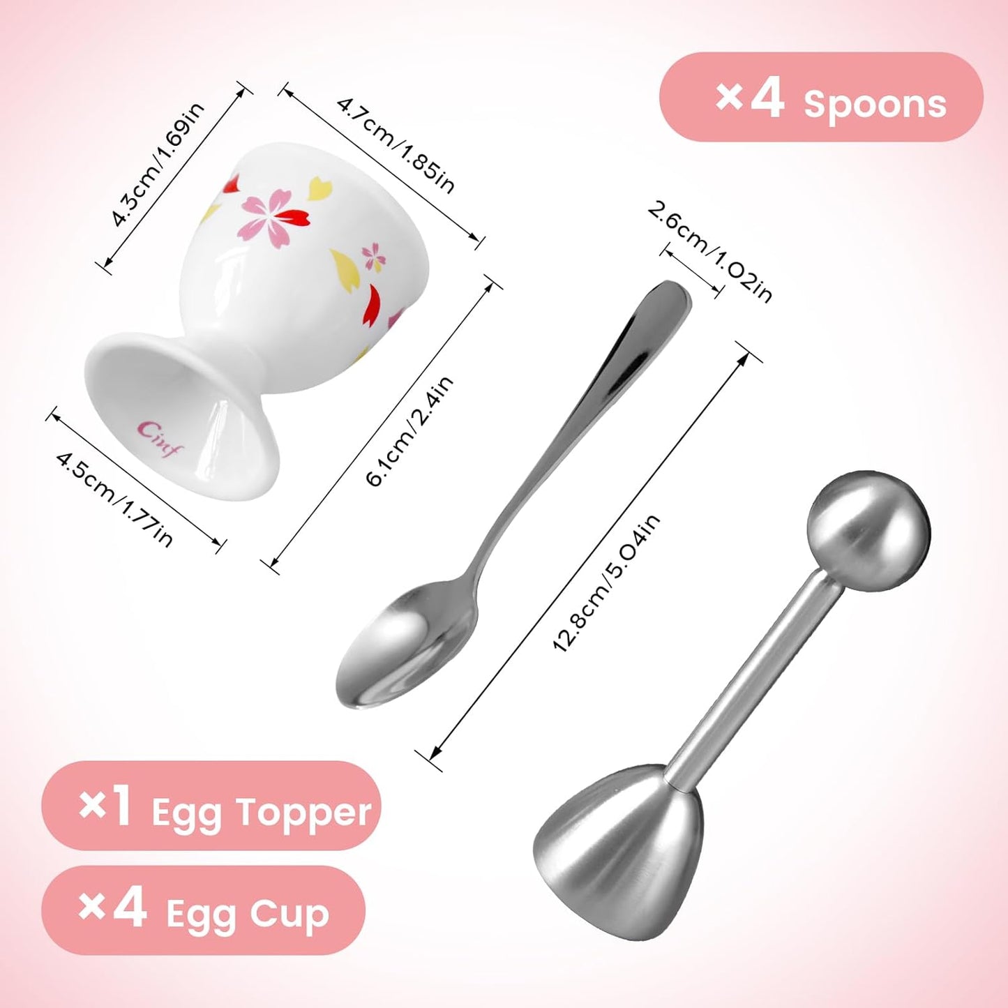 Cinf Sakura Ceramic Egg Cups & Cracker Set | Set of 4 Ceramic Egg Cups + 4 SS Spoons + 1 Egg Topper Breakfast Boiled Cooking Easy to Clean Childhood Memories Kitchen