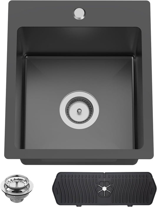 Black Kitchen And Bar Sink, 15x17 Inch Stainless Steel Drop In Kitchen Sink Modern Single Bowl Topmount Bar Sink Combo-Silicon Mat,Drain Strainer Set Compatibility With Various Kitchen & Bar Style