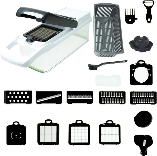 Vegetable Chopper Kit, Stainless Steel Blades, with Veggie Pusher, Grating & Pattern Cutting Blades, Catch Basin & Wash Basket, Safety Lock, Dishwasher Safe Kitchen Gadget (Black-White)