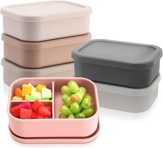 Honeydak 6 Pcs Silicone Bento Box 3 Compartment Reusable Lunch Container Smooth and Leakproof Meal Prep Lunch Box with Lid Stackable Meal Prep Container for Work Travel, 6 Colors(Light Colors)